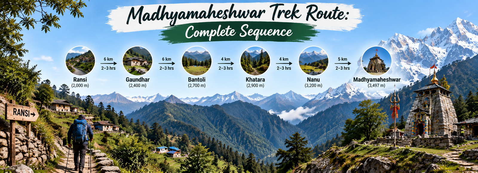 Complete Madhyamaheshwar trek route map from Ransi through Gaundhar and Bantoli to the temple